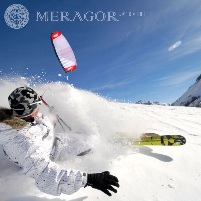 Foto de esquiador em respingos de neve para foto de perfil Esqui, snowboard Inverno Desporto