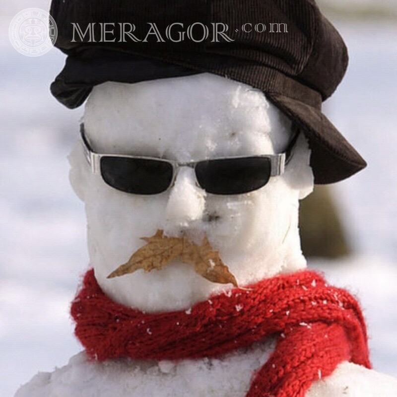 Смешная новогодняя ава снеговика Новогодние В шапке В очках Зимние