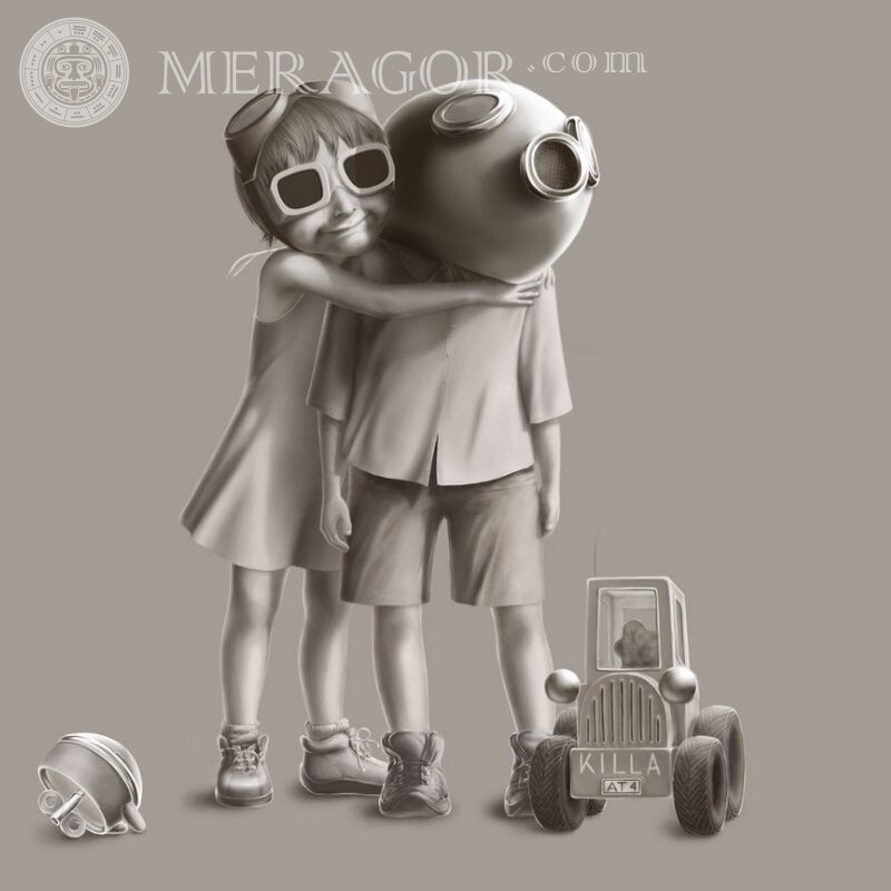 Art sur avatar avec des enfants masqués Noir et blanc Animé, dessin Sans visage Au masque à gaz