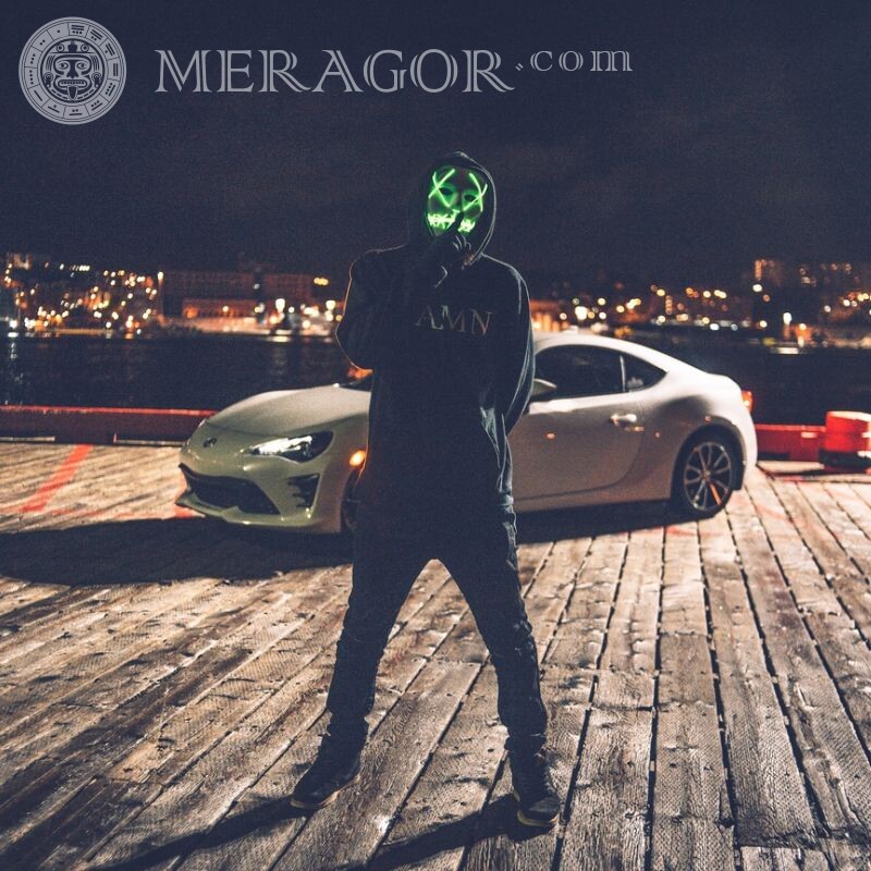 Masked guy on car background Mask Cars Without face