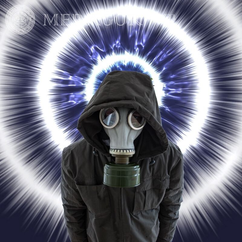 Foto na imagem da máscara de gás no avatar Em uma máscara de gás Sem rosto Na capa