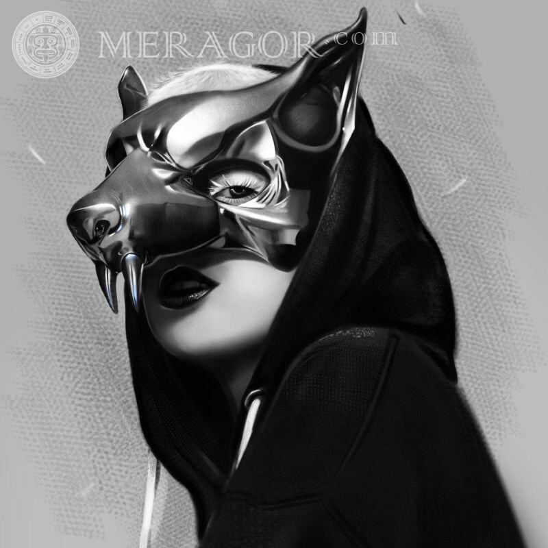 Rapariga loira com máscara de lobo no avatar Mascarado Sem rosto Vampiros Na capa