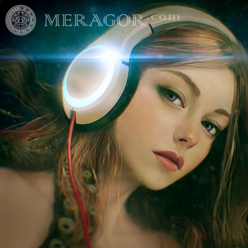 Hermosa chica en auriculares en avatar En los auriculares Anime, figura Niñas
