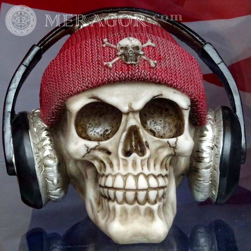 Crâne dans les écouteurs sur avatar Avec les écouteurs Au chapeau Drôles