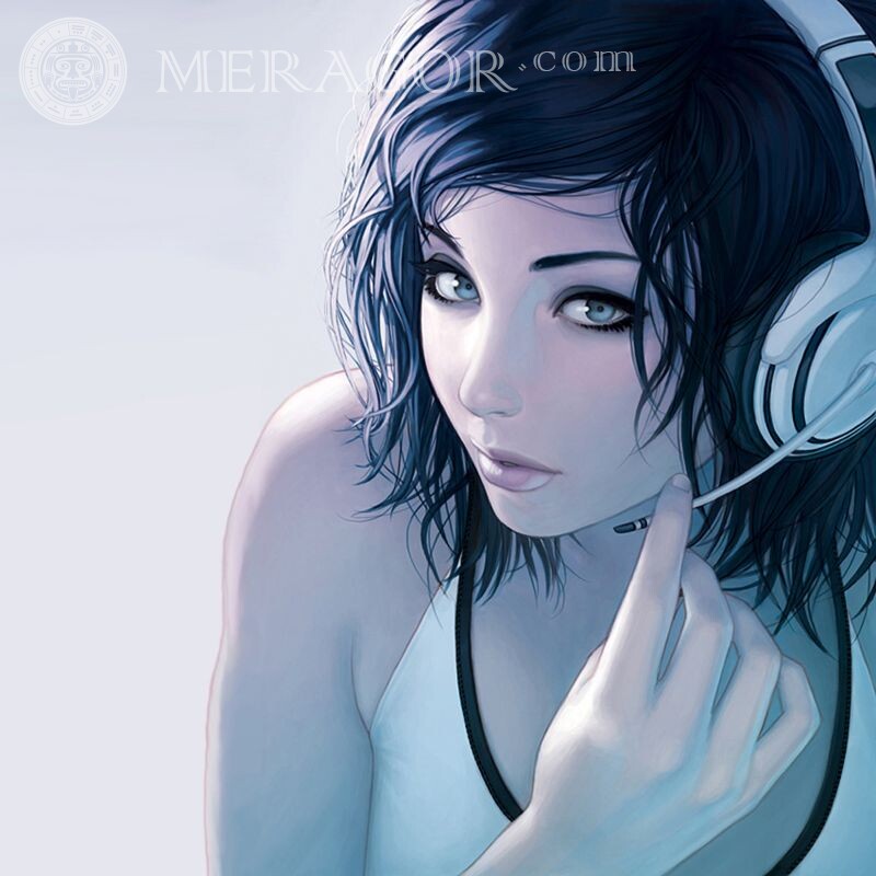 Hermoso retrato de una niña en auriculares en un avatar En los auriculares Anime, figura Morenas