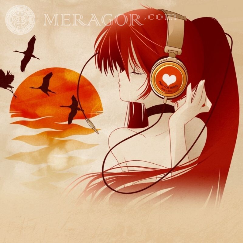 Anime Kunst schön mit Kopfhörer Mädchen Rottöne Anime, Zeichnung Im Kopfhörer Maedchen