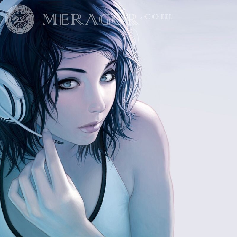 Arte realista com fones de ouvido para Ava. Anime, desenho Morenas Em fones de ouvido