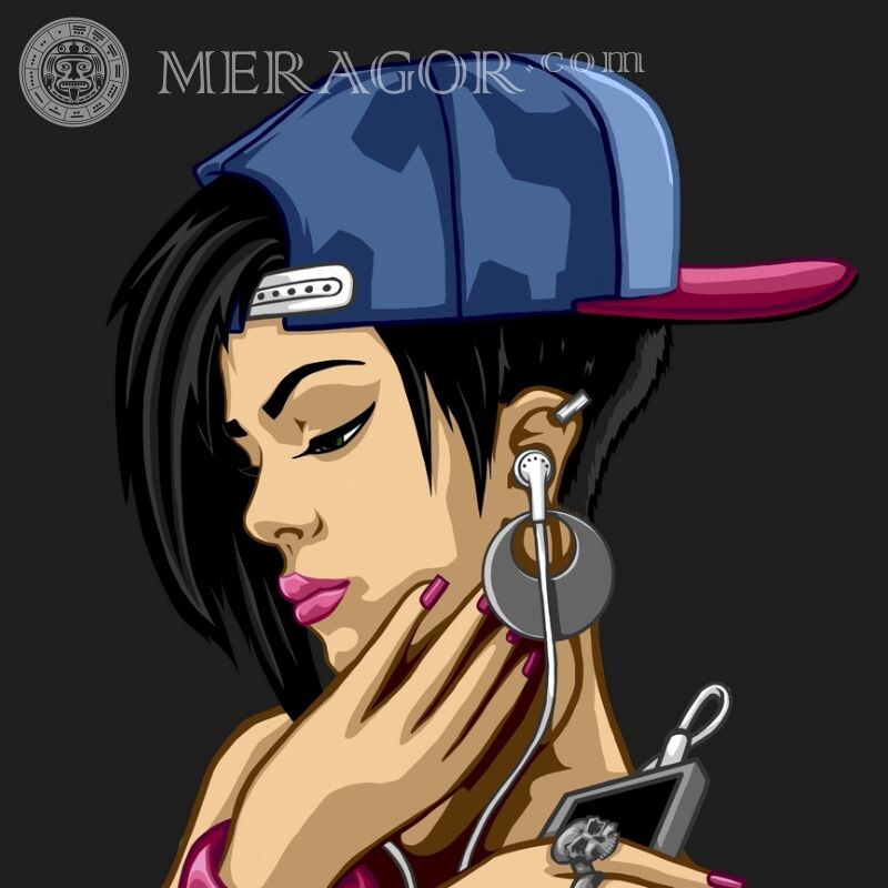 Chica en auriculares de arte en avatar Rostros de chicas Morenas En la tapa En los auriculares