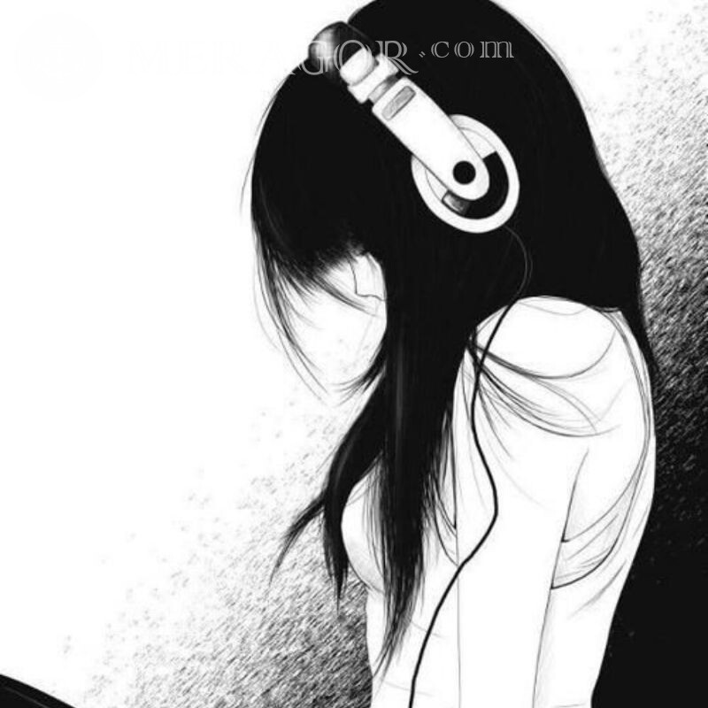 Картинка с девушкой в наушниках для аватара В наушниках Аниме, рисунок Без лица
