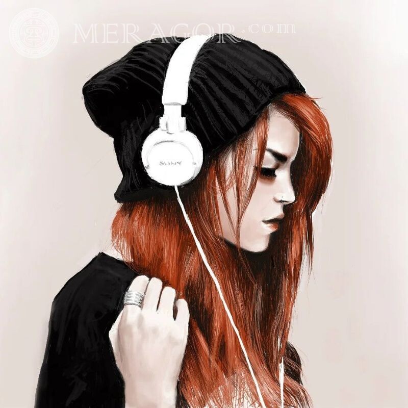 Chica pelirroja con sombrero y auriculares En los auriculares En la tapa Niñas