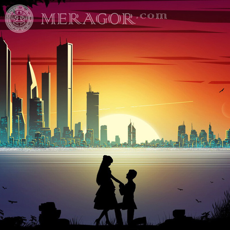 Junges Paar auf dem Hintergrund des Wolkenkratzerfotos Silhouette Anime, Zeichnung Mann mit Freundin